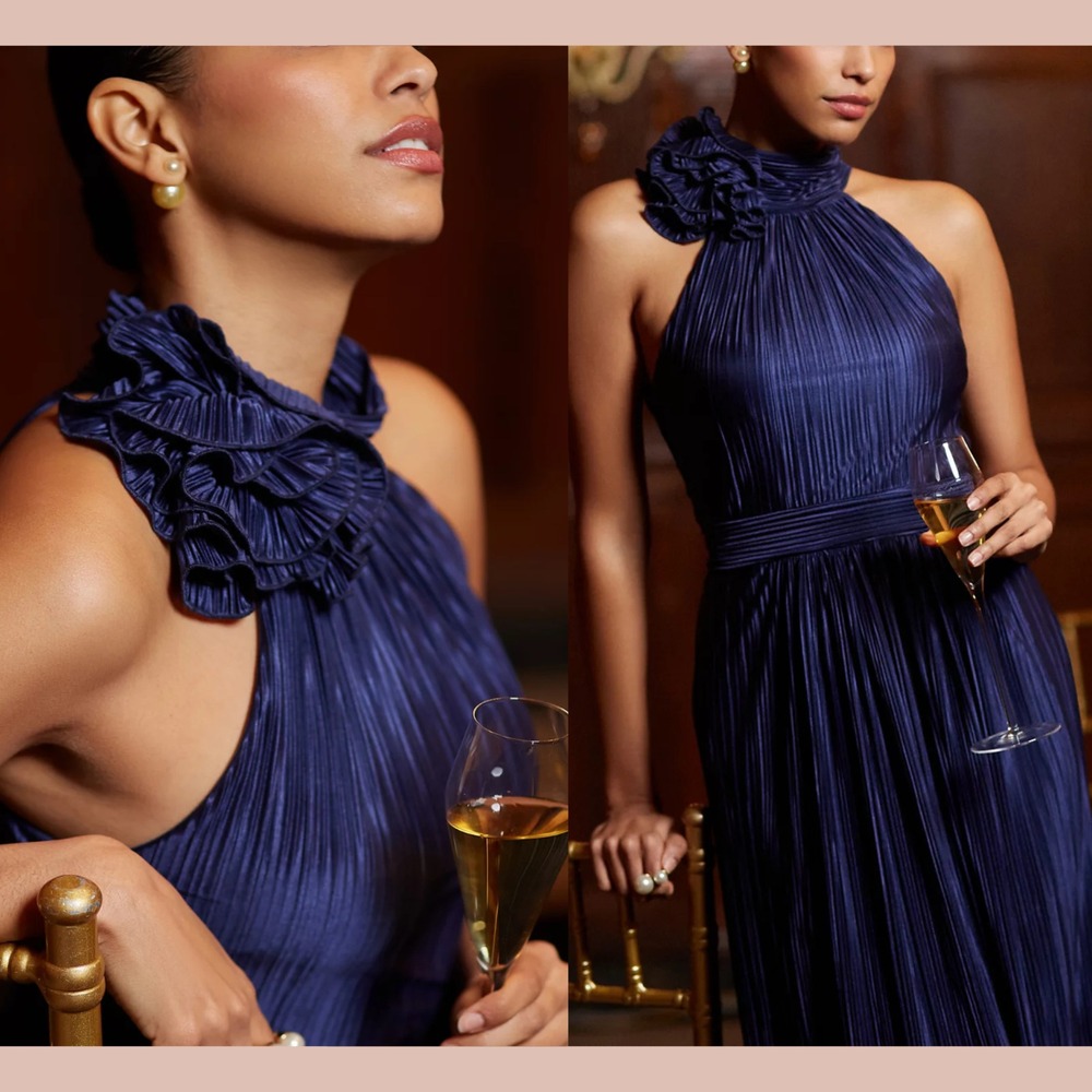 NEW $280 Betsy & Adam [ 12 ] Rosette Mock Neck Pleated Halter‎ Gown Blue #Q1237
